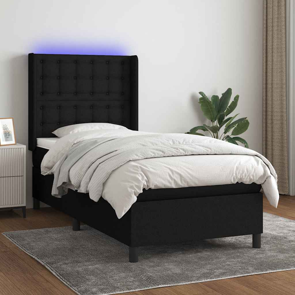 fekete szövet rugós és LED-es ágy matraccal 100x200 cm