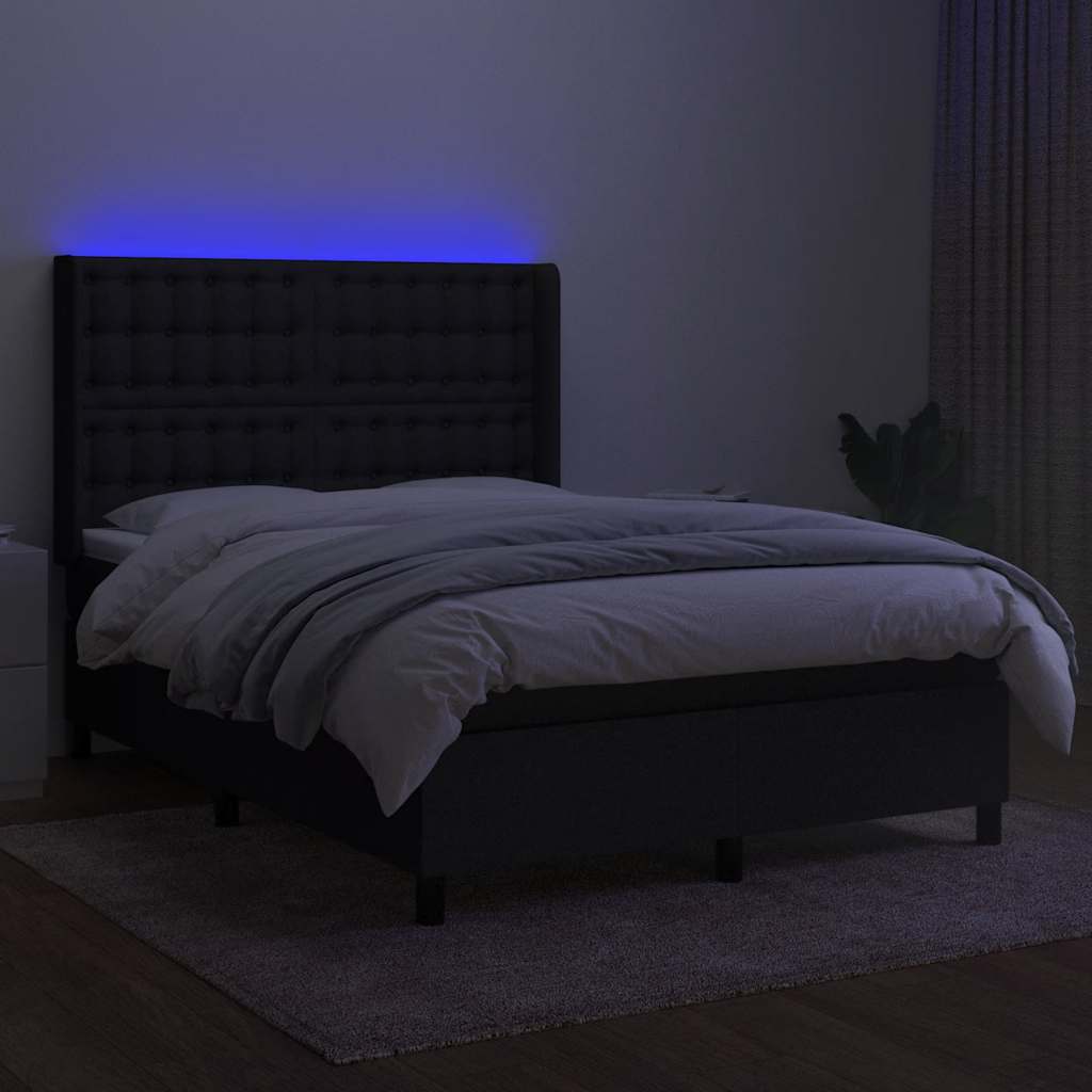 fekete szövet rugós és LED-es ágy matraccal 140x200 cm