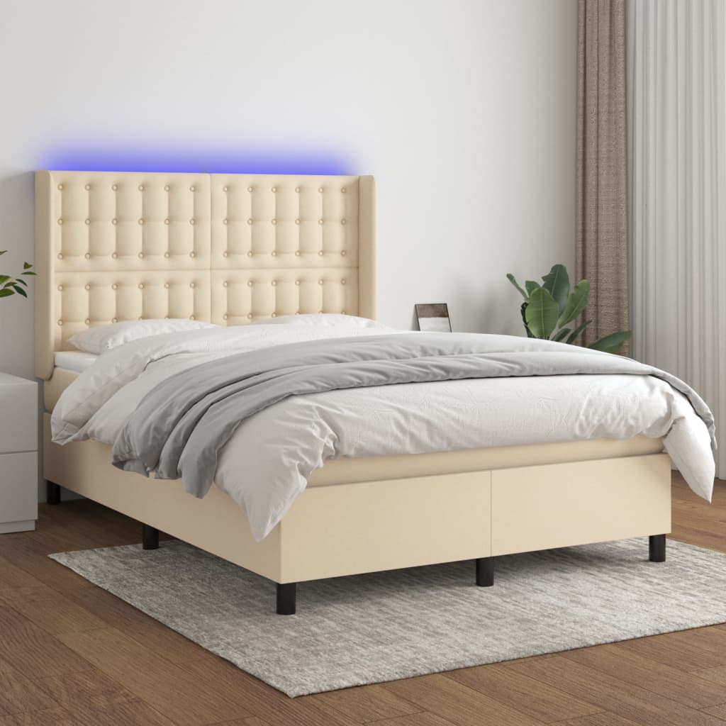 krémszínű szövet rugós és LED-es ágy matraccal 140x200 cm