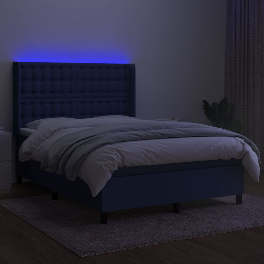 kék szövet rugós és LED-es ágy matraccal 140x200 cm