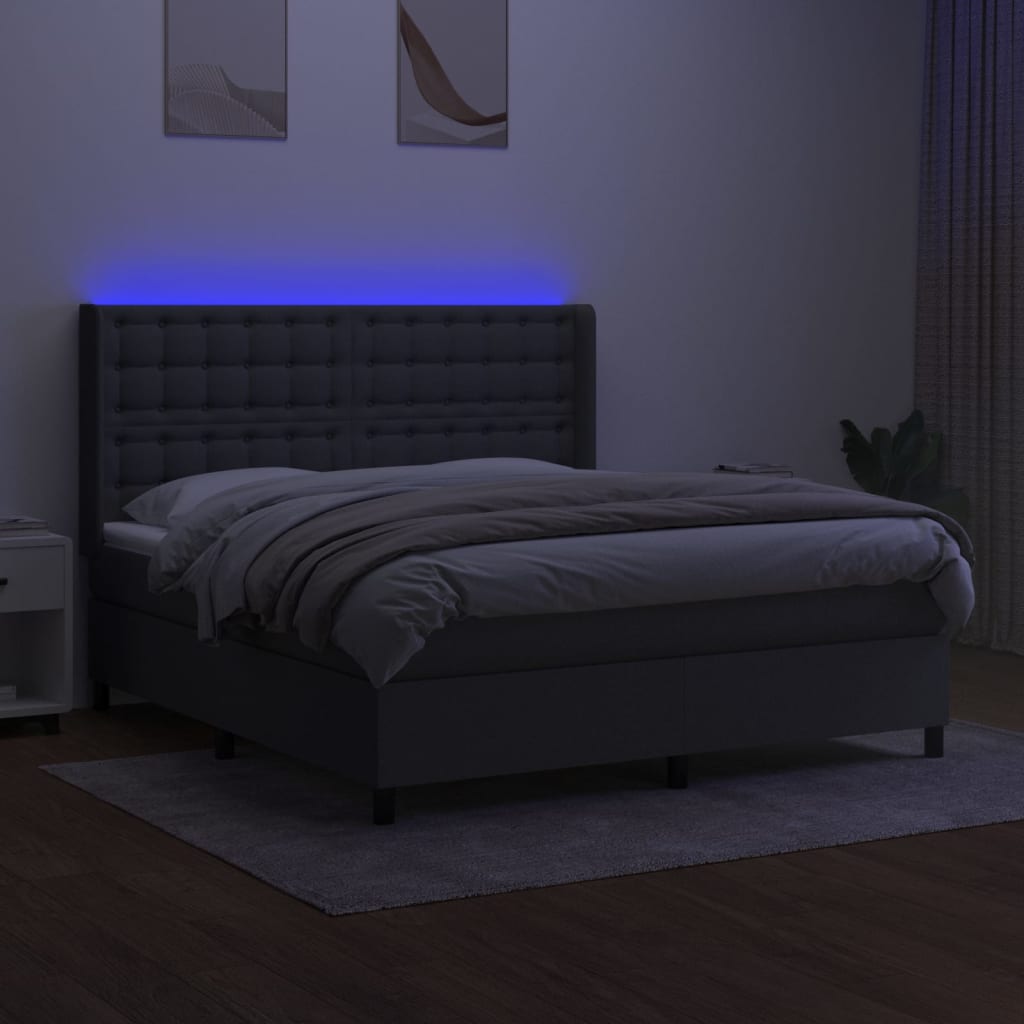 sötétszürke szövet rugós és LED-es ágy matraccal 160x200 cm