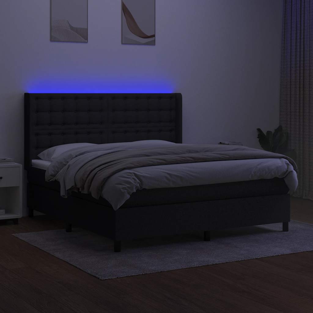 fekete szövet rugós és LED-es ágy matraccal 180 x 200 cm