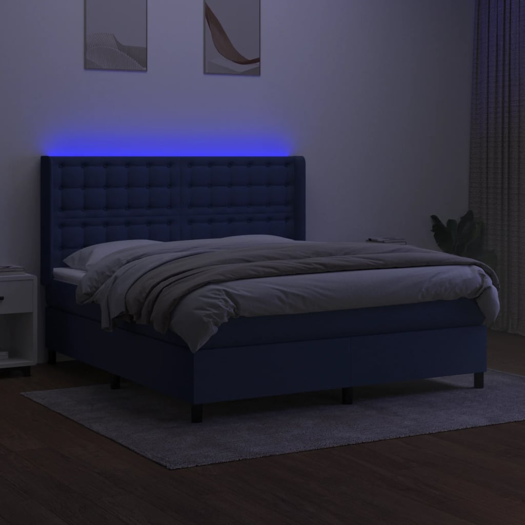 kék szövet rugós és LED-es ágy matraccal 180 x 200 cm
