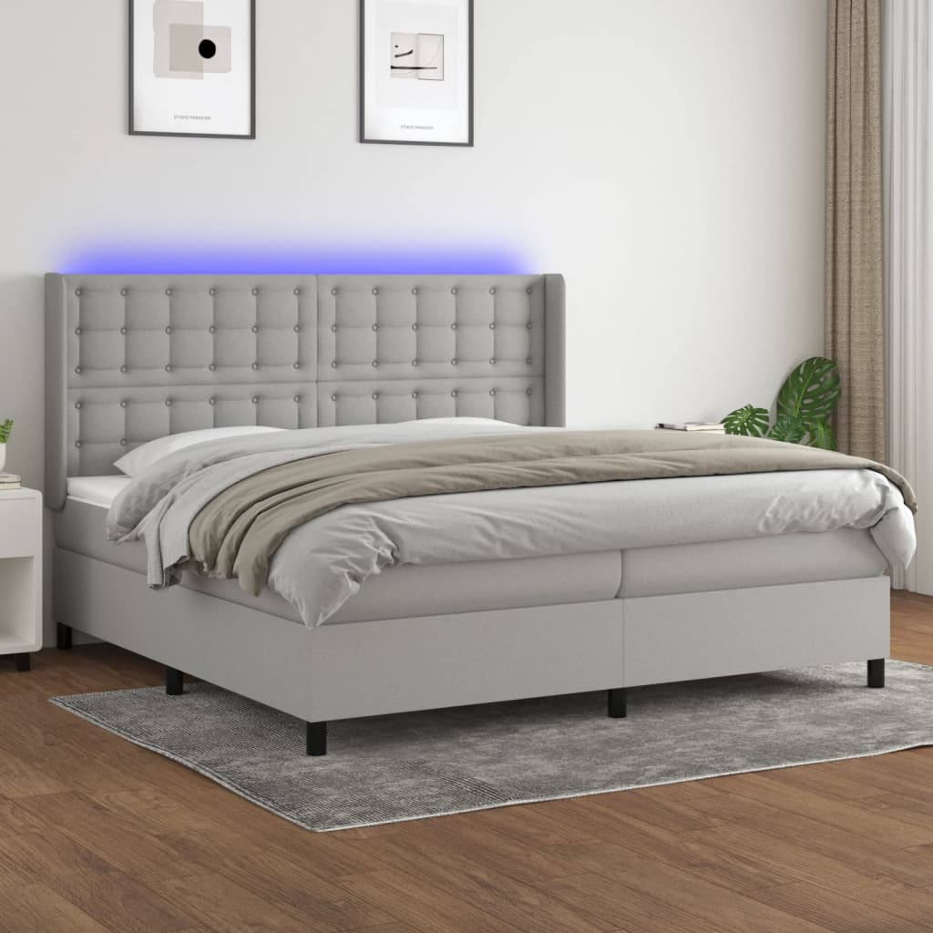 világosszürke szövet rugós és LED-es ágy matraccal 200x200 cm