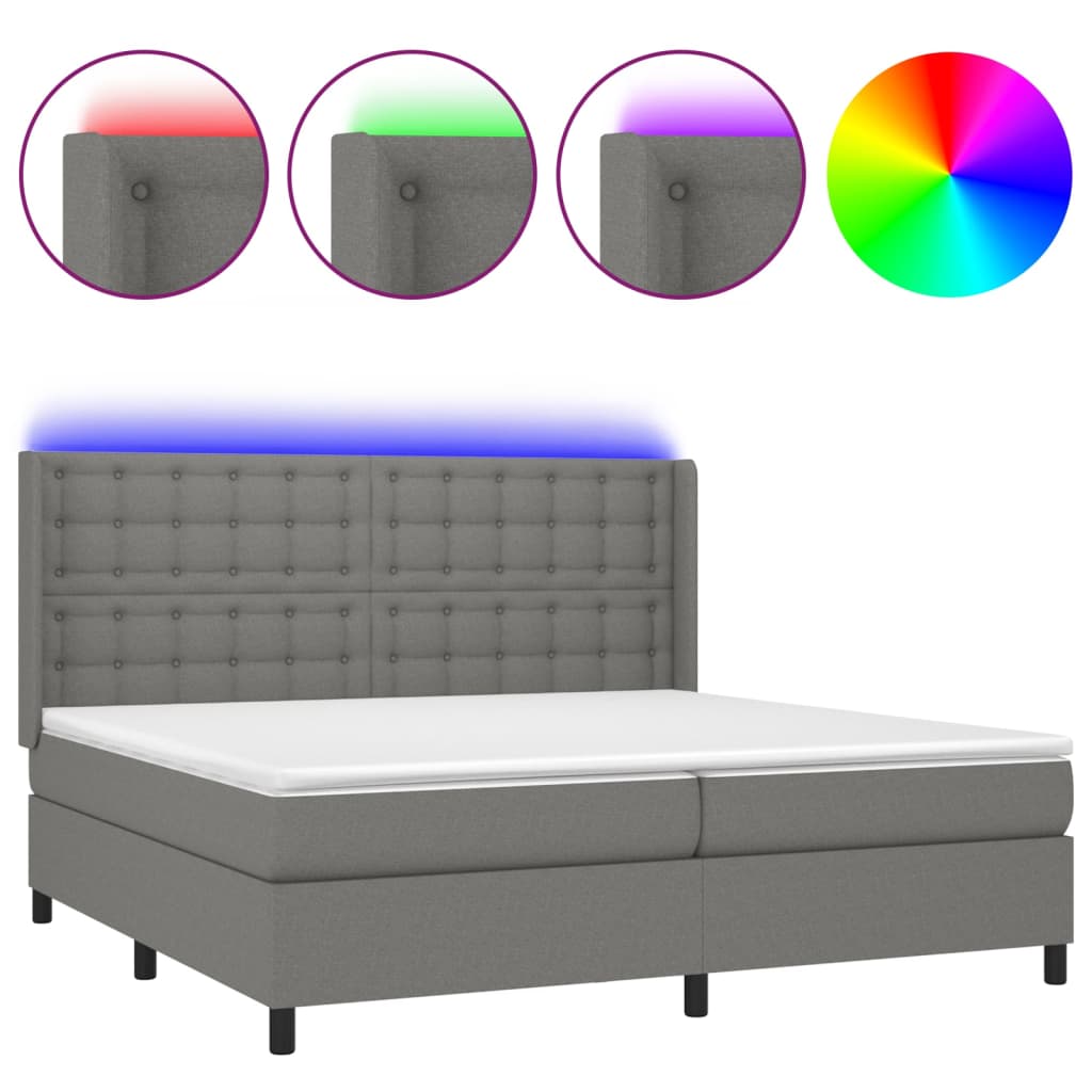 sötétszürke szövet rugós és LED-es ágy matraccal 200x200 cm