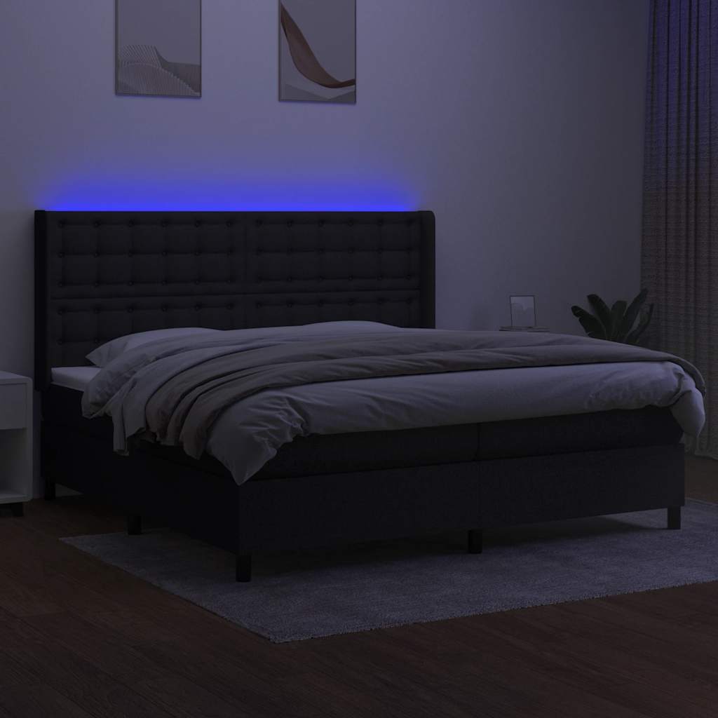fekete szövet rugós és LED-es ágy matraccal 200x200 cm