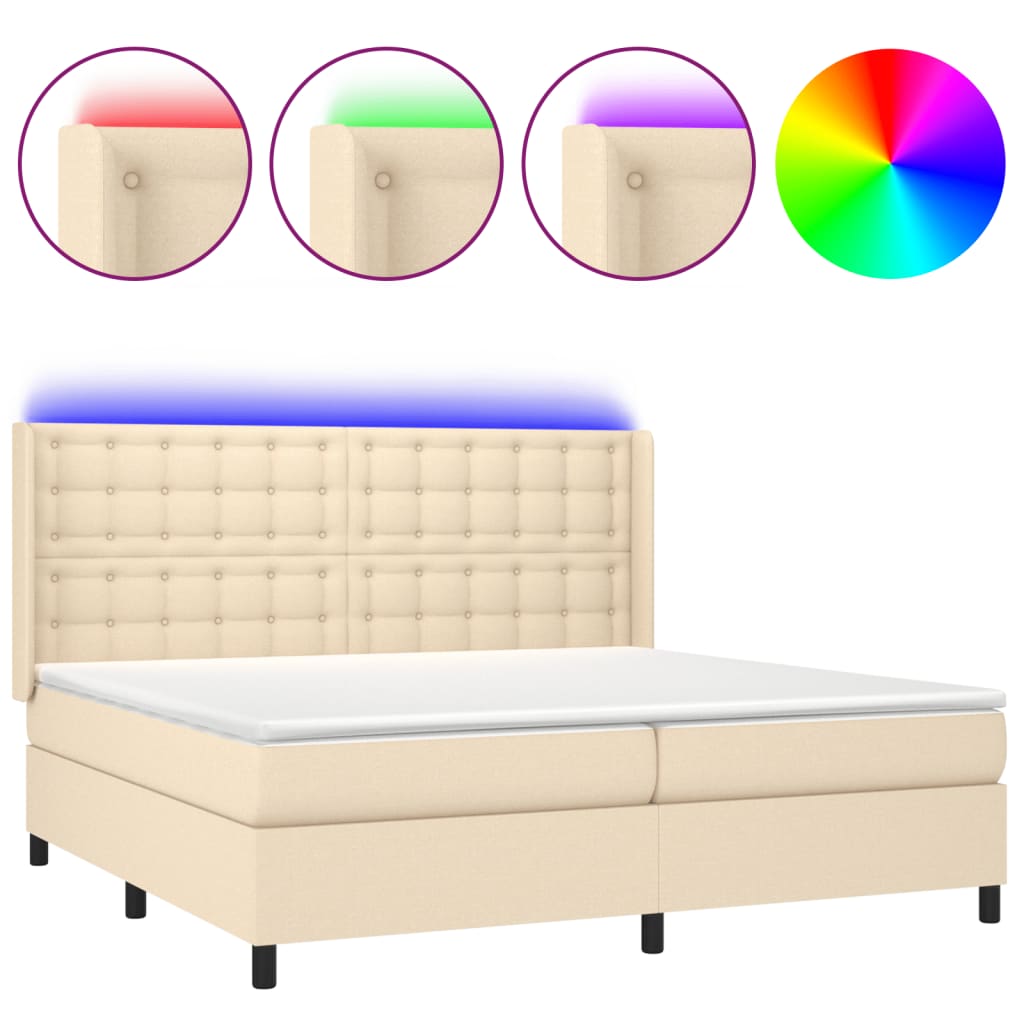krémszínű szövet rugós és LED-es ágy matraccal 200 x 200 cm
