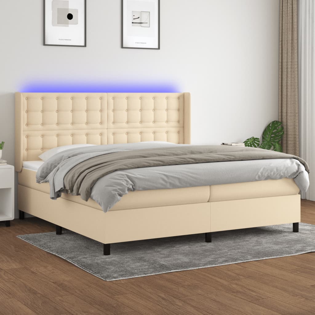 krémszínű szövet rugós és LED-es ágy matraccal 200 x 200 cm