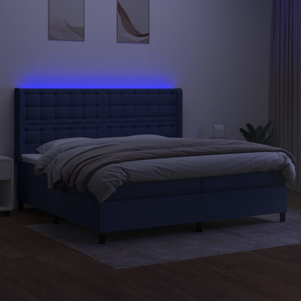 kék szövet rugós és LED-es ágy matraccal 200 x 200 cm