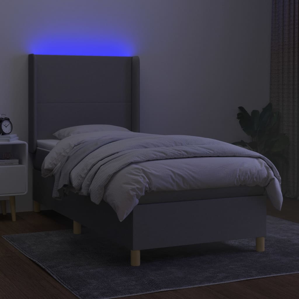 világosszürke szövet rugós és LED-es ágy matraccal 90x200 cm