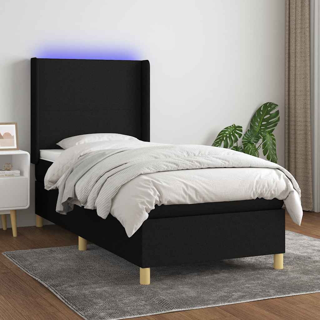 fekete szövet rugós és LED-es ágy matraccal 90x200 cm