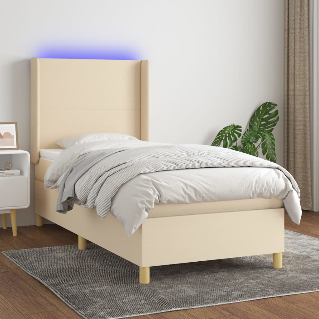 krémszínű szövet rugós és LED-es ágy matraccal 90x200 cm