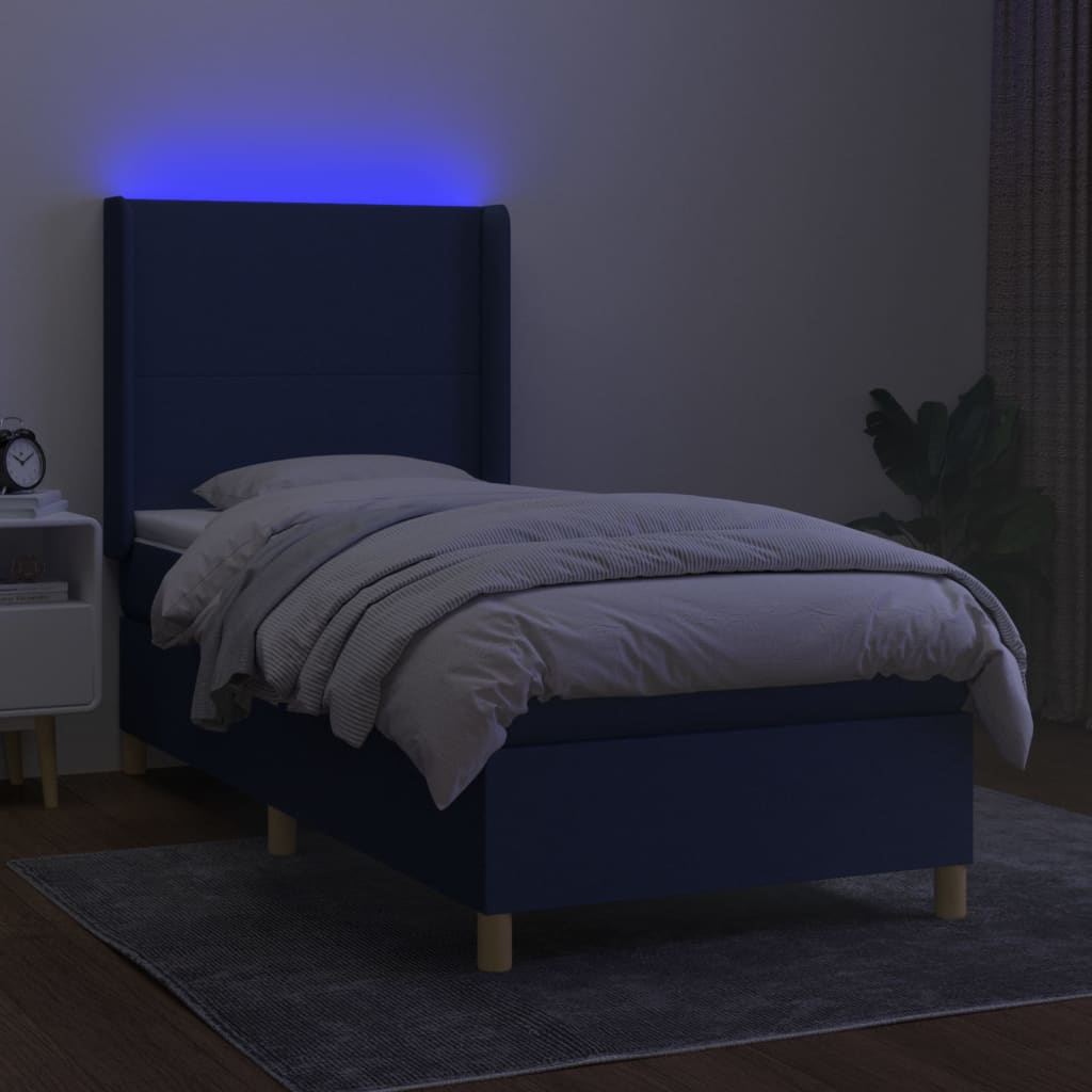 kék szövet rugós és LED-es ágy matraccal 90x200 cm