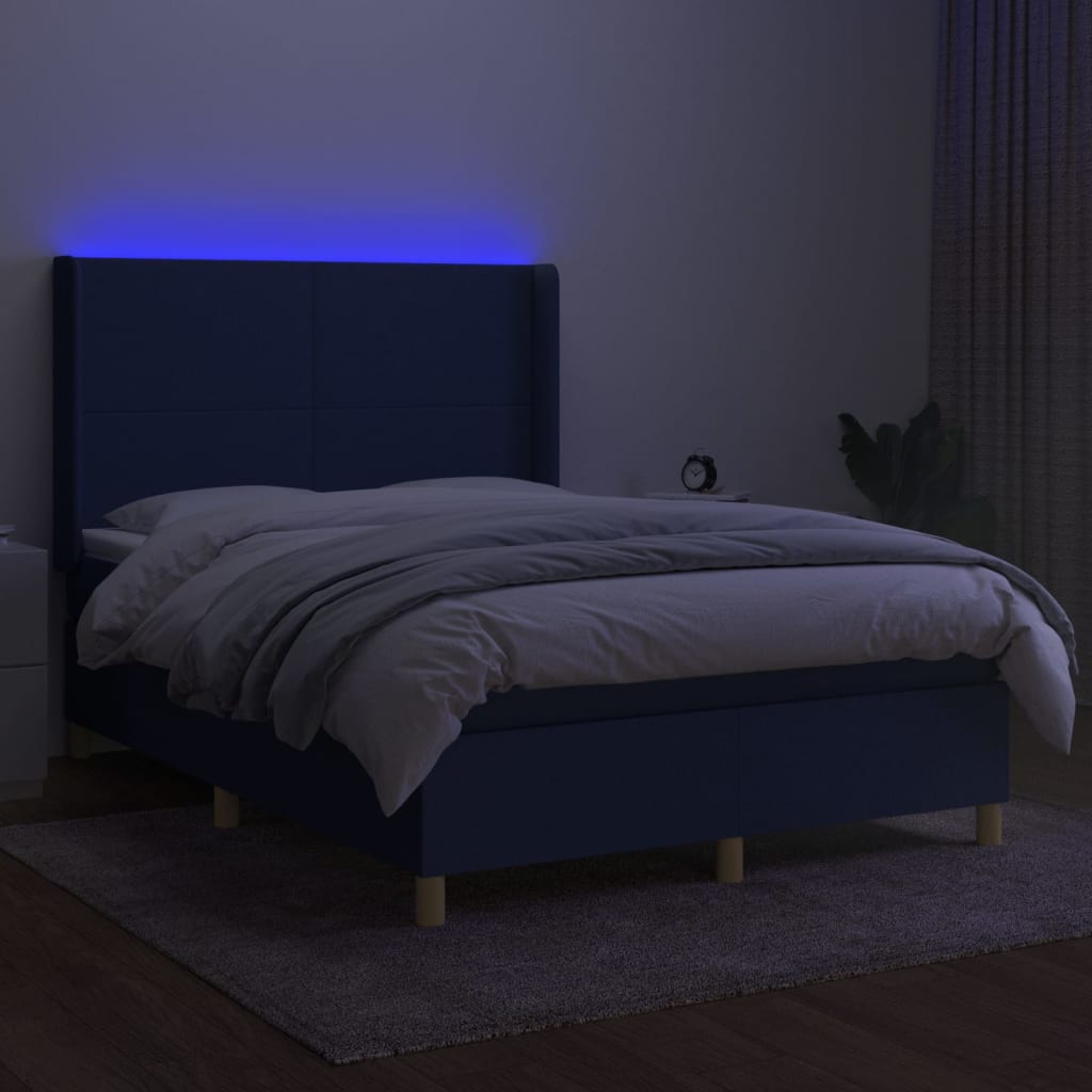 kék szövet rugós és LED-es ágy matraccal 140x190 cm