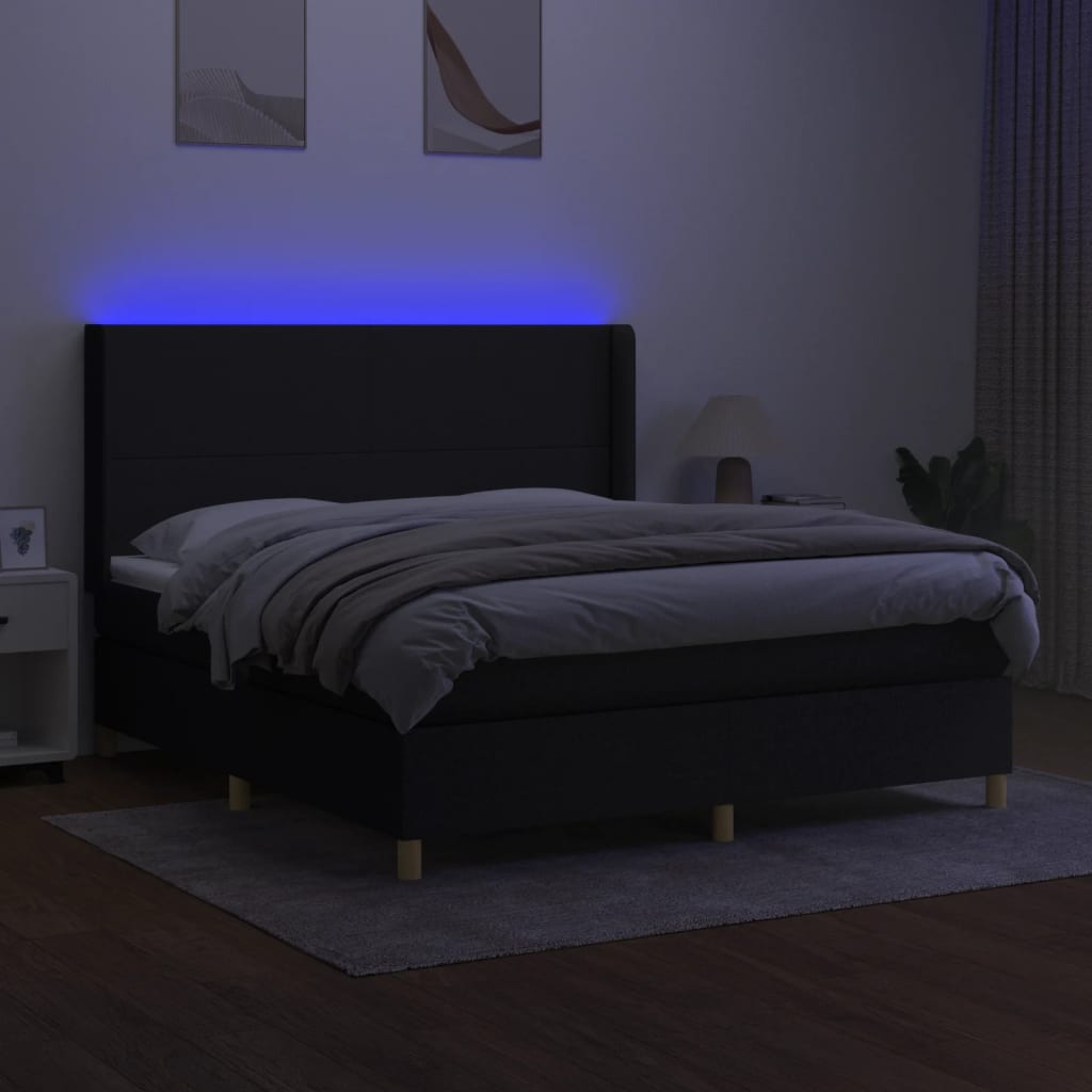 fekete szövet rugós és LED-es ágy matraccal 180 x 200 cm