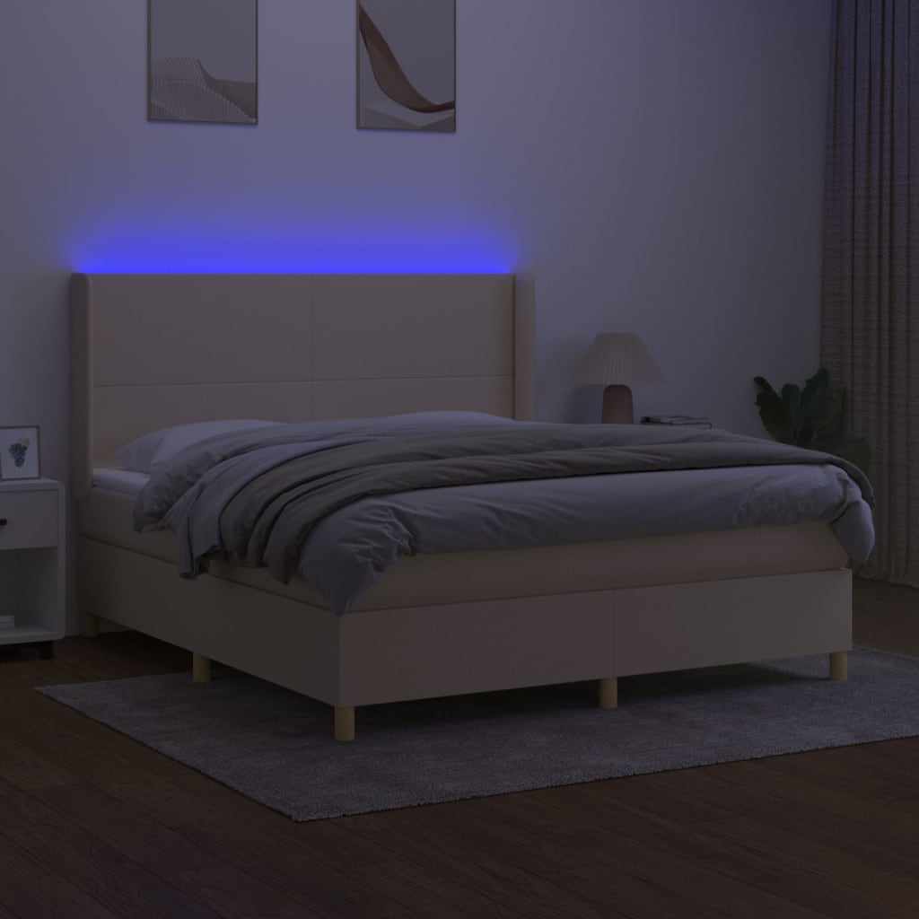 krémszínű szövet rugós és LED-es ágy matraccal 180 x 200 cm