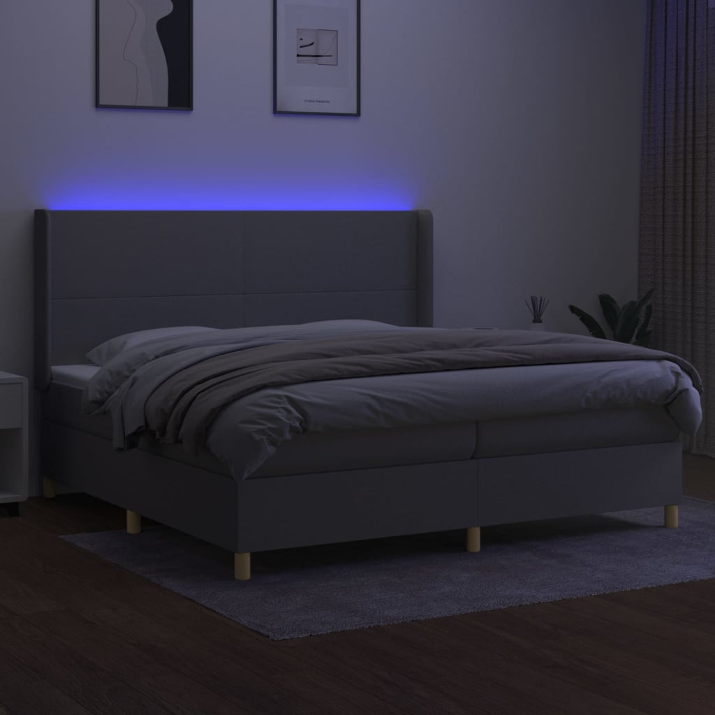 világosszürke szövet rugós és LED-es ágy matraccal 200x200 cm
