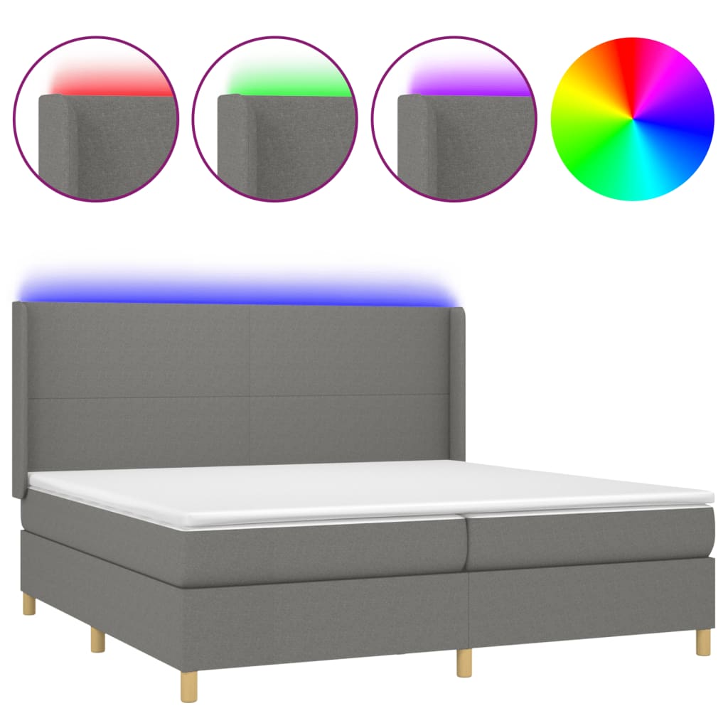 sötétszürke szövet rugós és LED-es ágy matraccal 200x200 cm