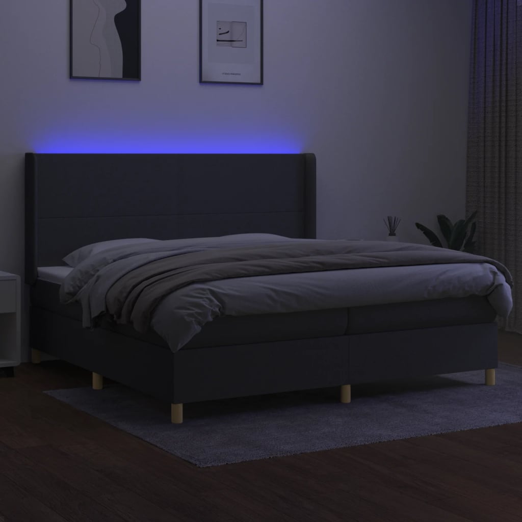 sötétszürke szövet rugós és LED-es ágy matraccal 200x200 cm