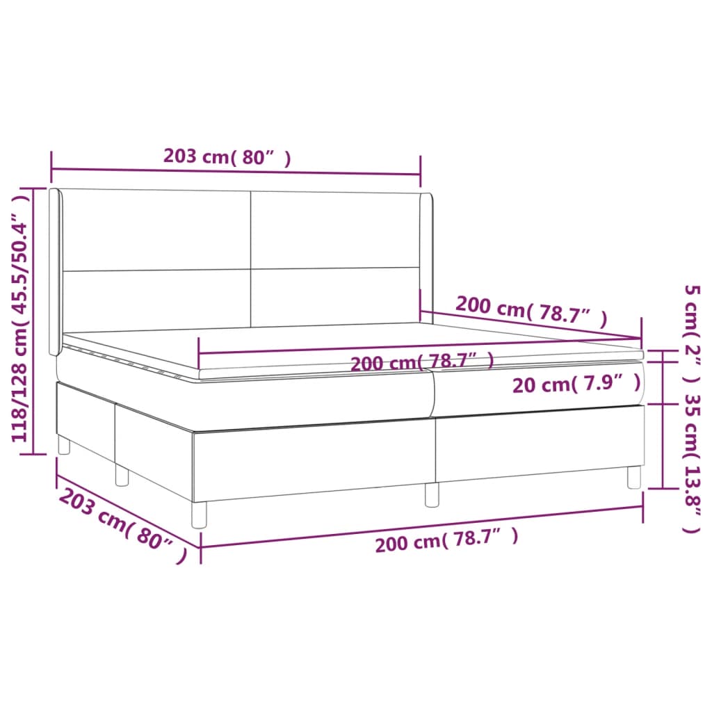 sötétszürke szövet rugós és LED-es ágy matraccal 200x200 cm