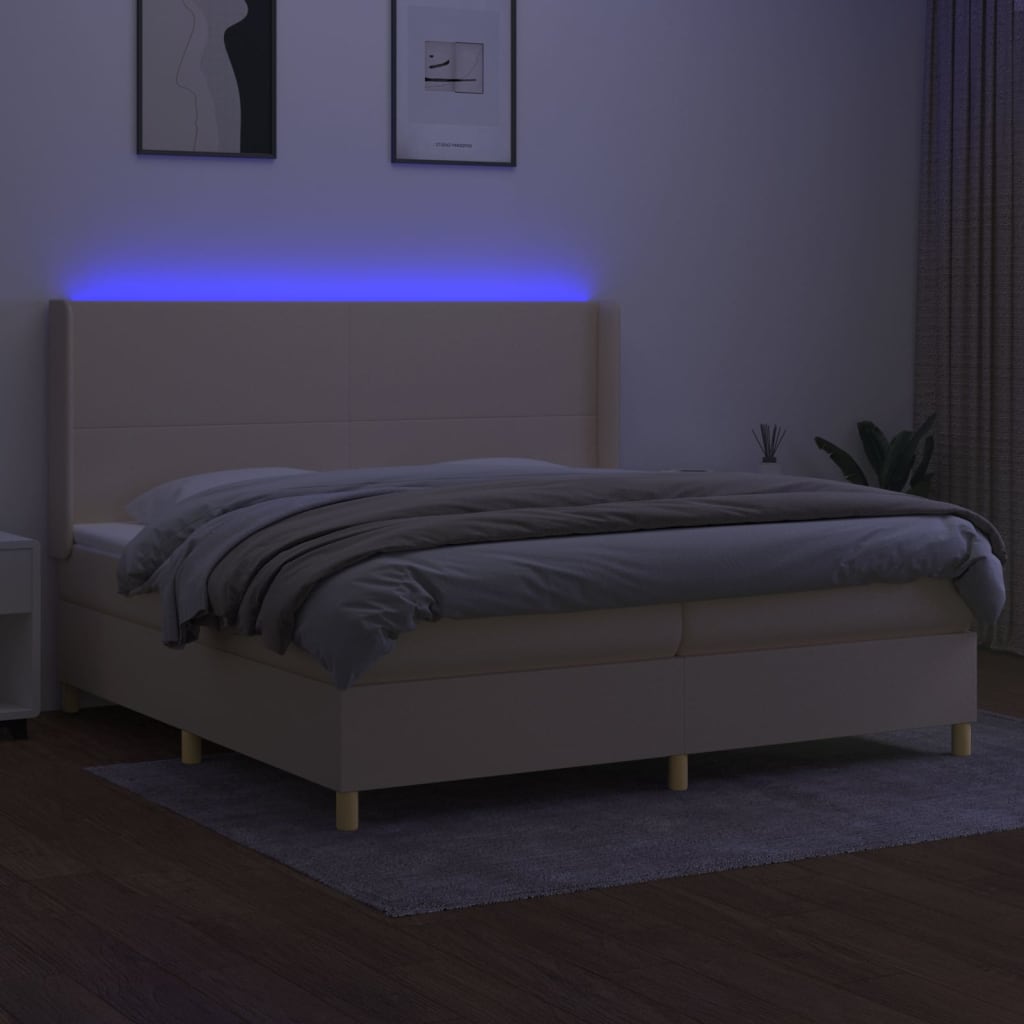 krémszínű szövet rugós és LED-es ágy matraccal 200 x 200 cm