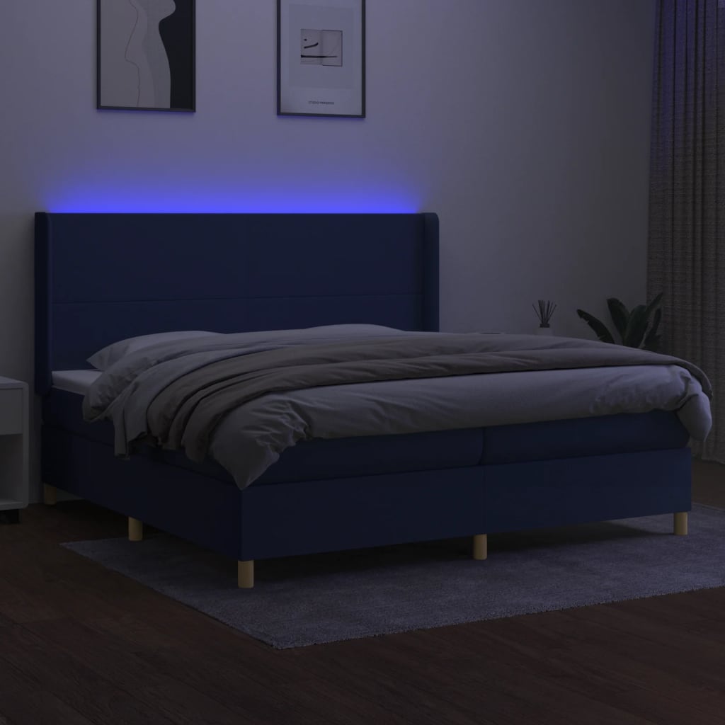 kék szövet rugós és LED-es ágy matraccal 200 x 200 cm