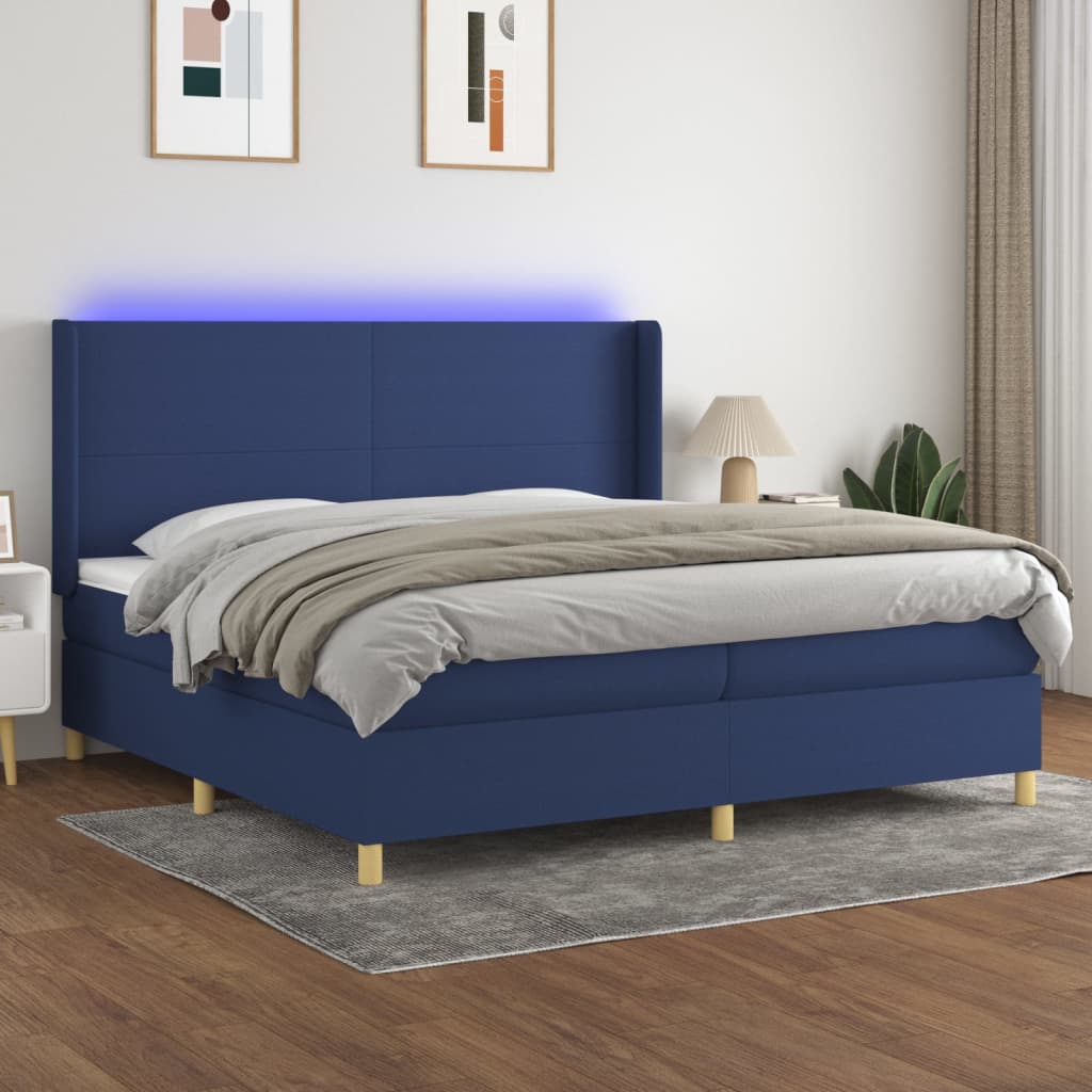 kék szövet rugós és LED-es ágy matraccal 200 x 200 cm