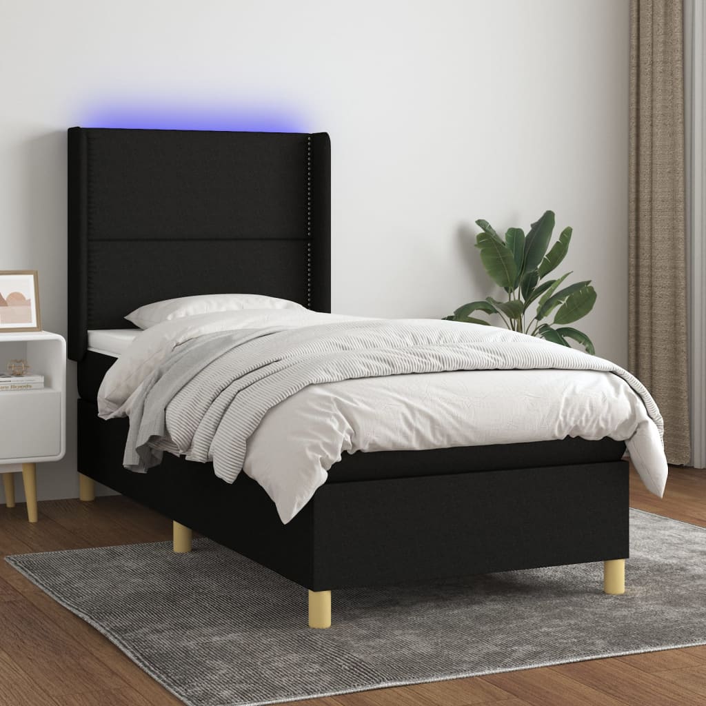 fekete szövet rugós és LED-es ágy matraccal 80 x 200 cm