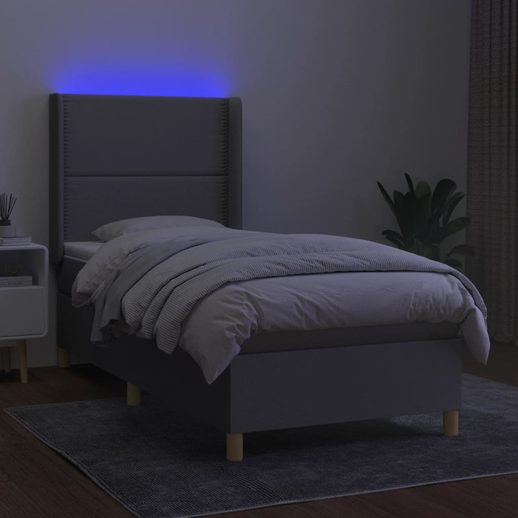 világosszürke szövet rugós és LED-es ágy matraccal 90x190 cm