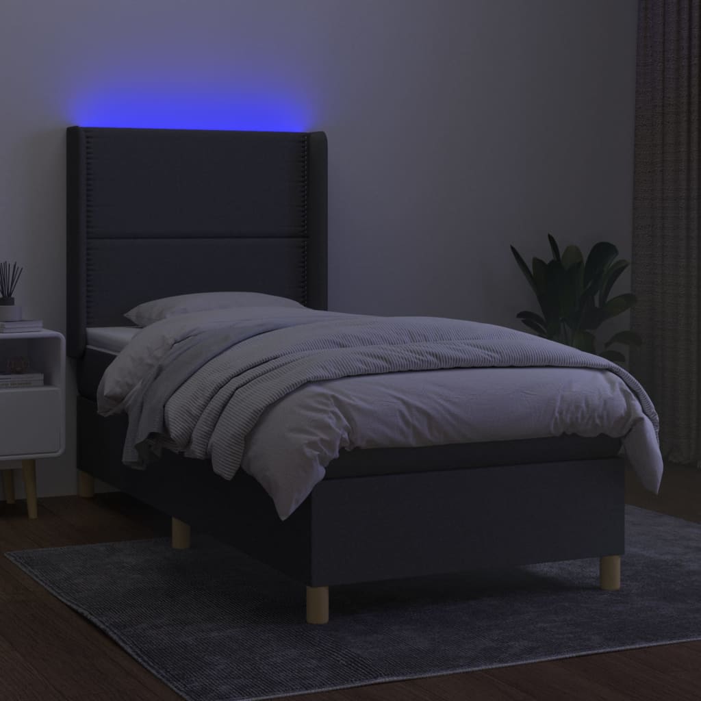sötétszürke szövet rugós és LED-es ágy matraccal 90x190 cm