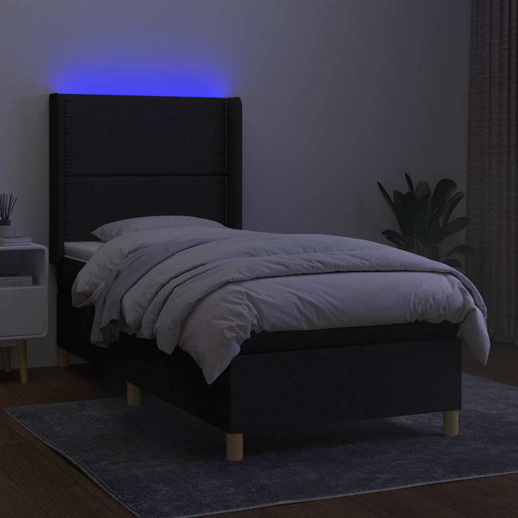 fekete szövet rugós és LED-es ágy matraccal 100x200 cm