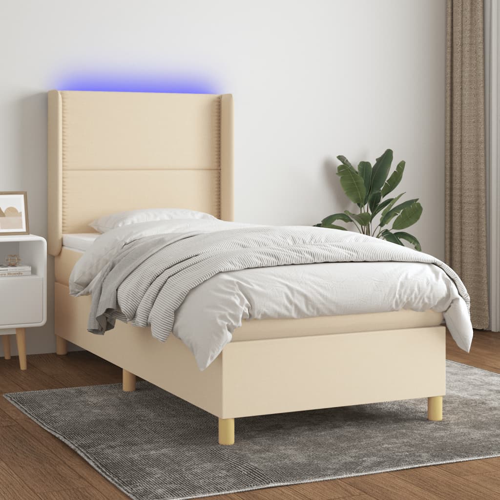 krémszínű szövet rugós és LED-es ágy matraccal 100x200 cm