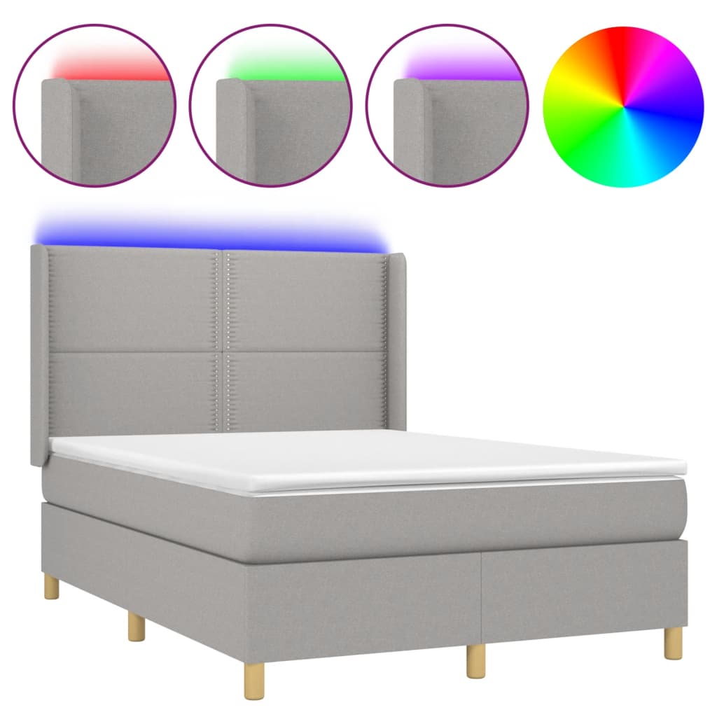 világosszürke szövet rugós és LED-es ágy matraccal 140x190 cm