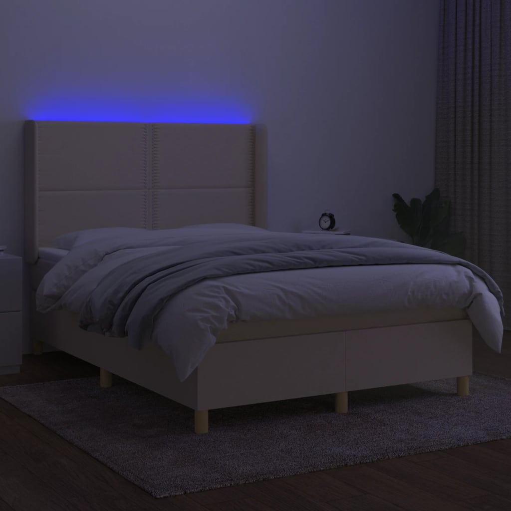 krémszínű szövet rugós és LED-es ágy matraccal 140x200 cm