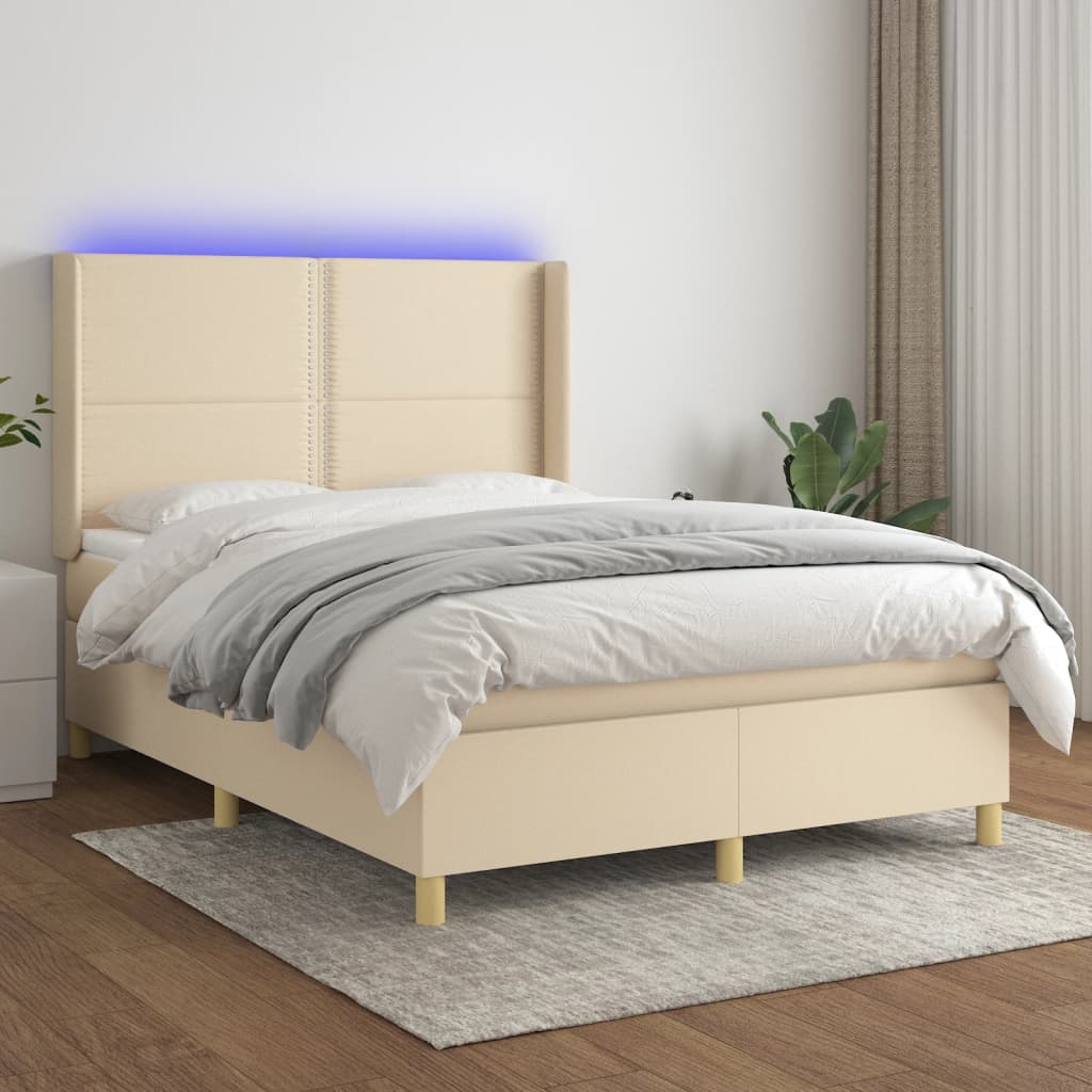 krémszínű szövet rugós és LED-es ágy matraccal 140x200 cm