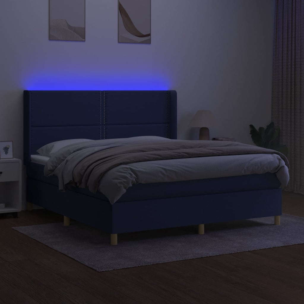 kék szövet rugós és LED-es ágy matraccal 180 x 200 cm