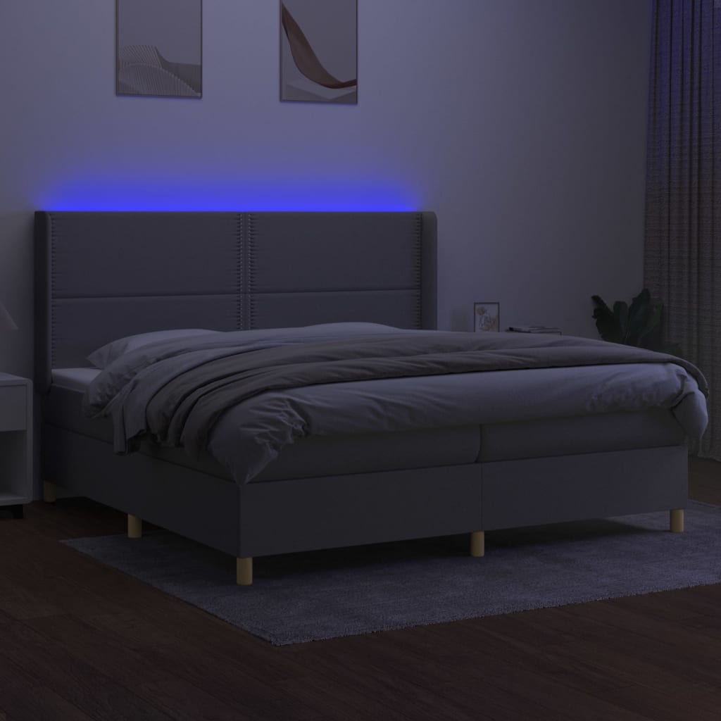 világosszürke szövet rugós és LED-es ágy matraccal 200x200 cm