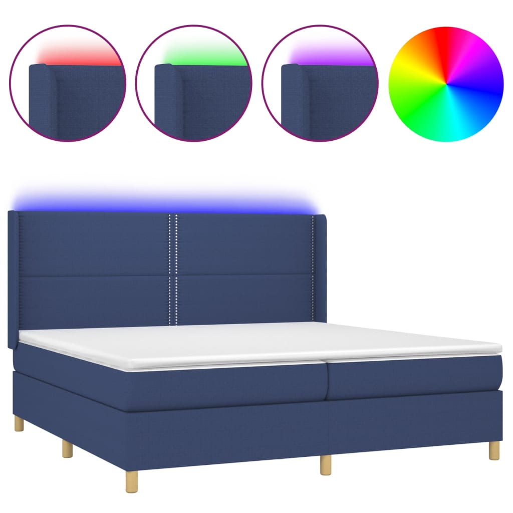 kék szövet rugós és LED-es ágy matraccal 200 x 200 cm