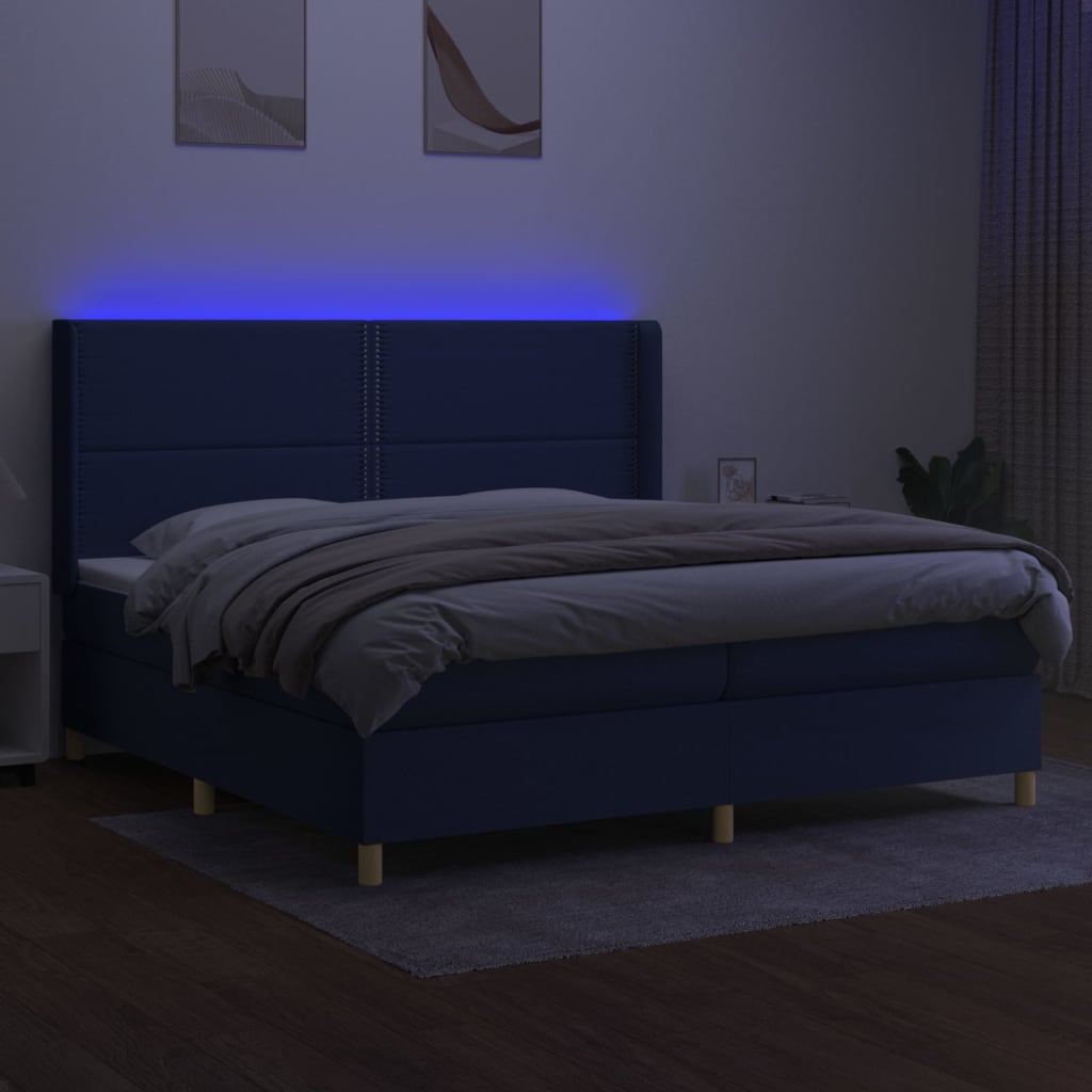 kék szövet rugós és LED-es ágy matraccal 200 x 200 cm