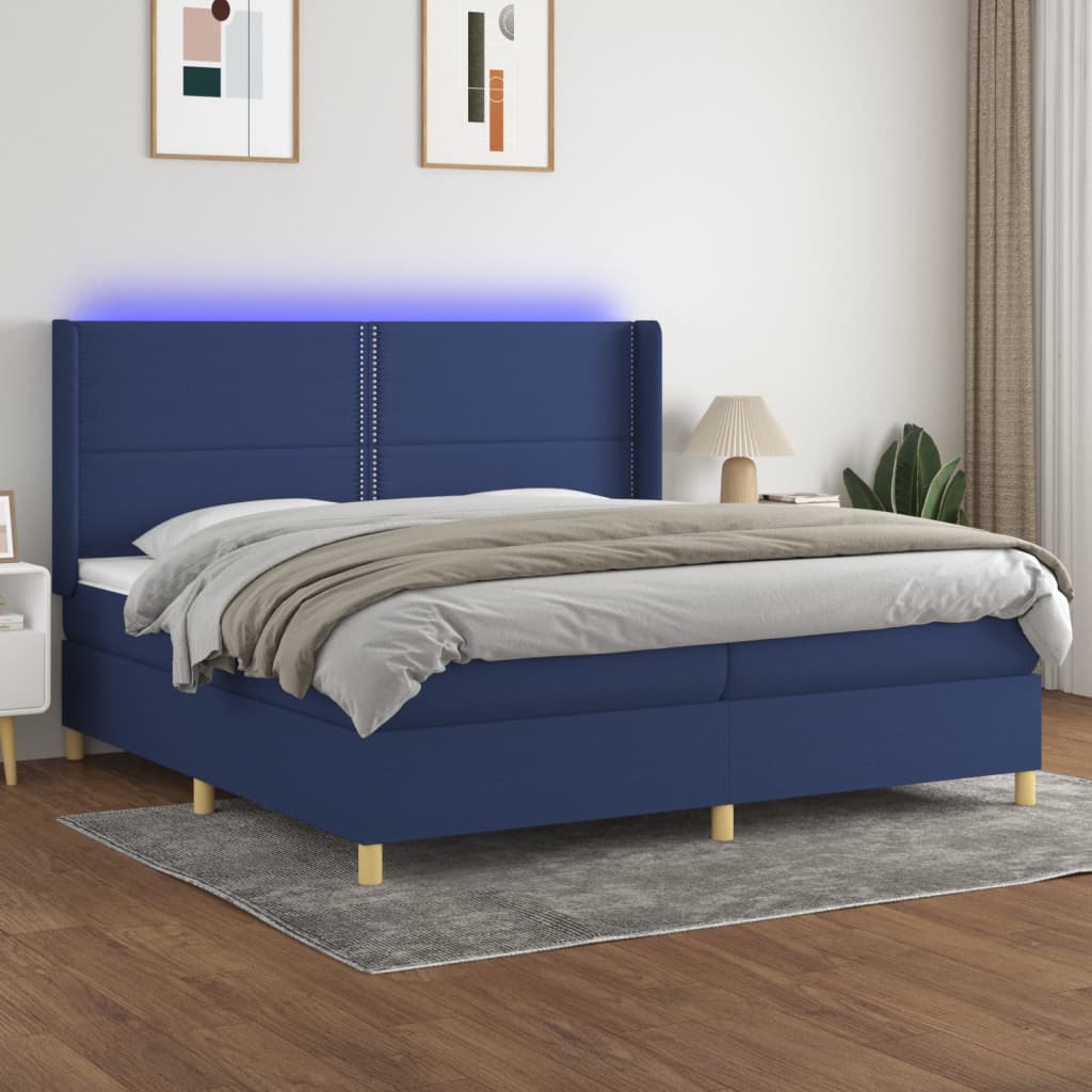 kék szövet rugós és LED-es ágy matraccal 200 x 200 cm