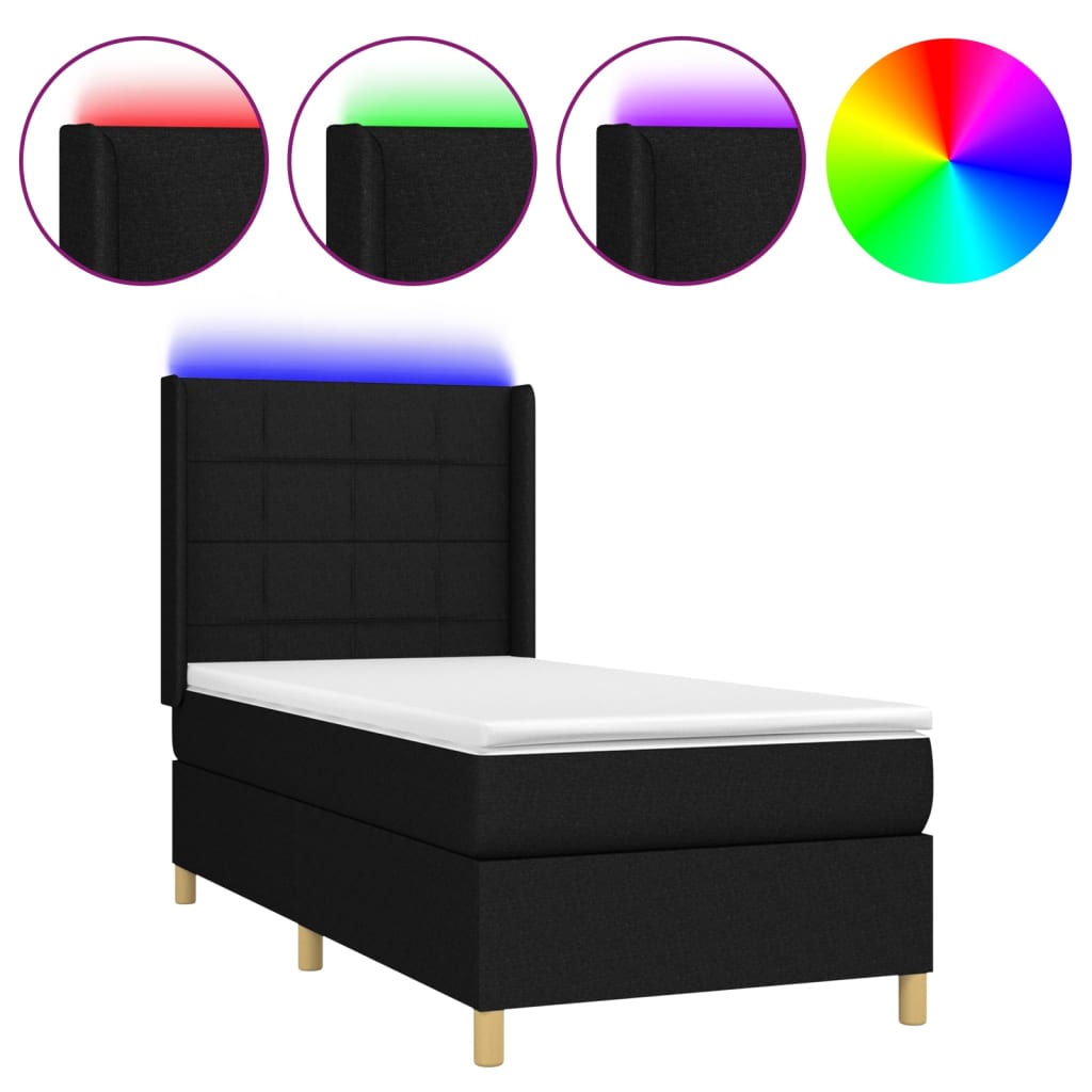 fekete szövet rugós és LED-es ágy matraccal 80 x 200 cm