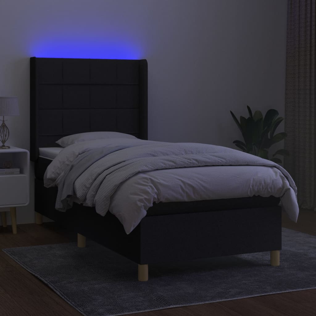 fekete szövet rugós és LED-es ágy matraccal 80 x 200 cm