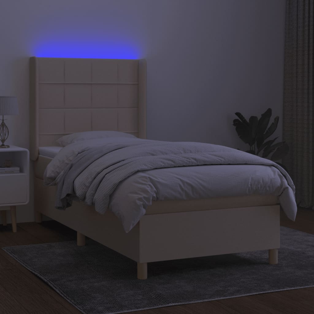 krémszínű szövet rugós és LED-es ágy matraccal 90x190 cm