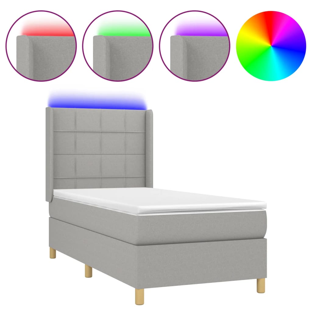 világosszürke szövet rugós és LED-es ágy matraccal 90x200 cm