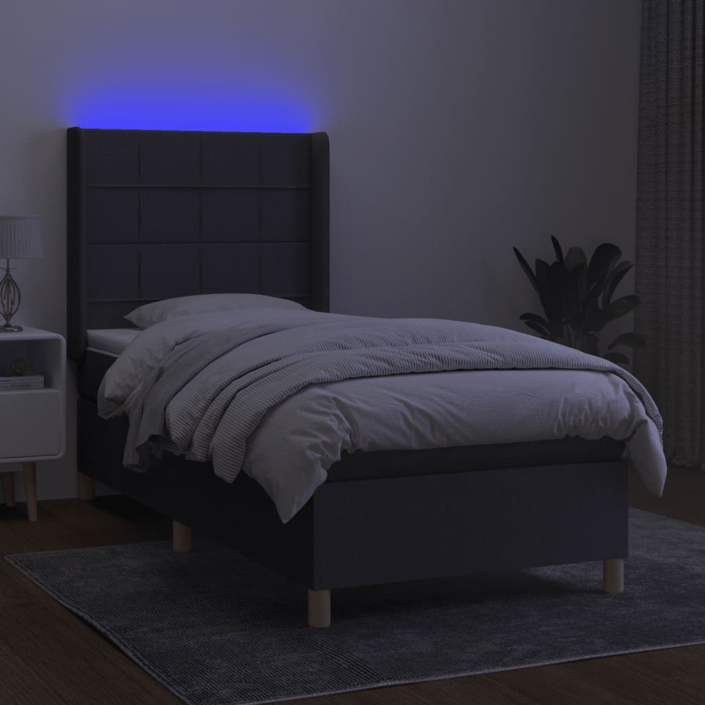 sötétszürke szövet rugós és LED-es ágy matraccal 90x200 cm