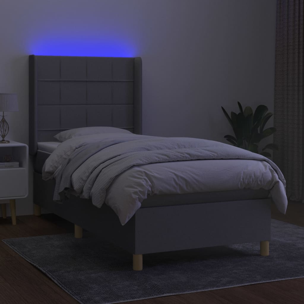 világosszürke szövet rugós és LED-es ágy matraccal 100x200 cm
