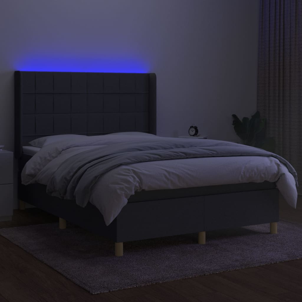 sötétszürke szövet rugós és LED-es ágy matraccal 140x200 cm