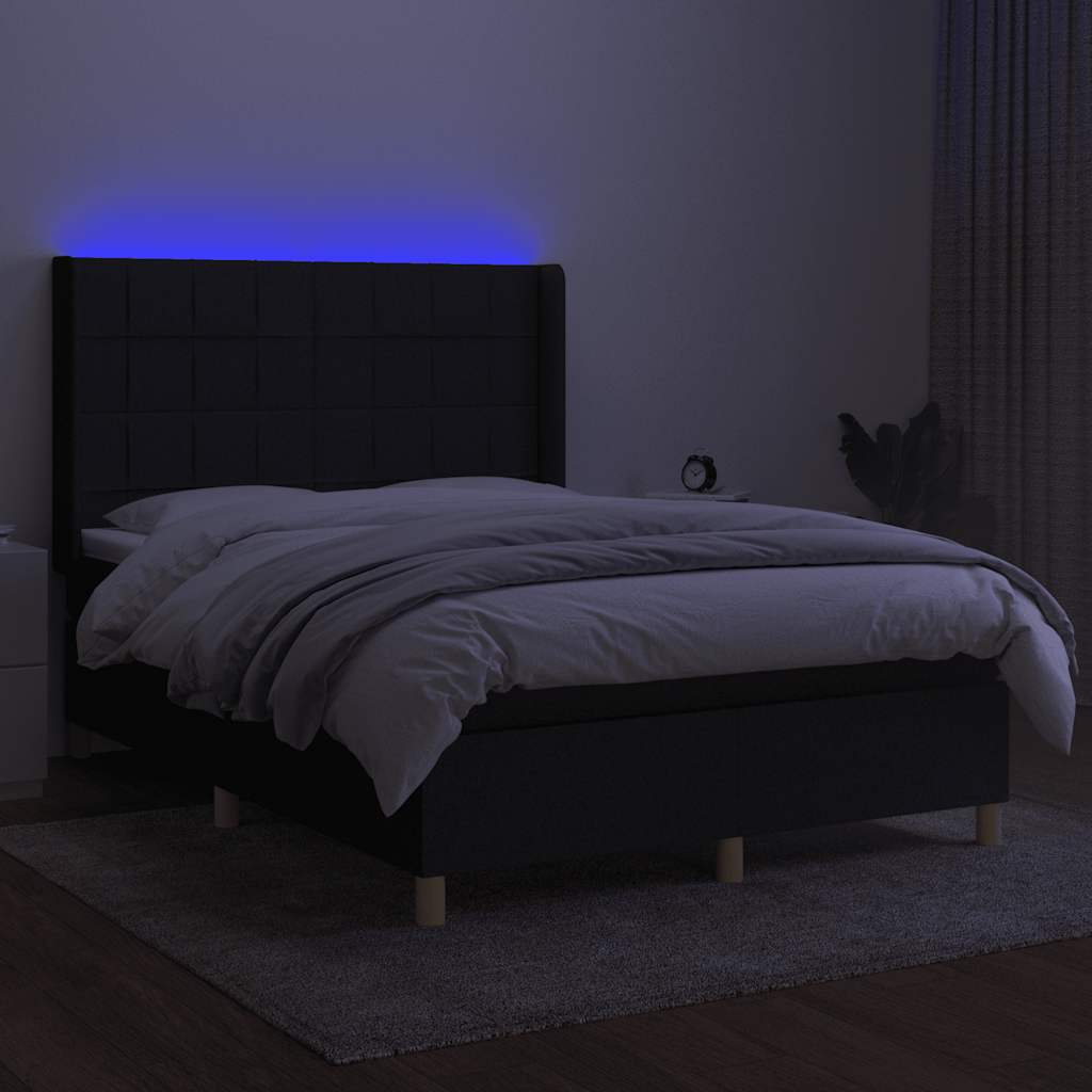 fekete szövet rugós és LED-es ágy matraccal 140x200 cm