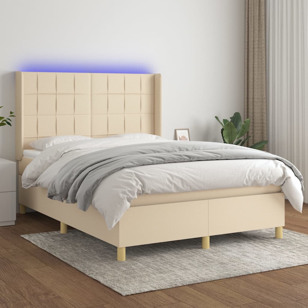 krémszínű szövet rugós és LED-es ágy matraccal 140x200 cm