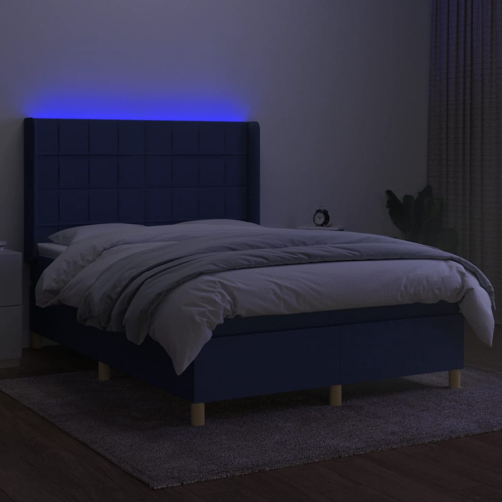 kék szövet rugós és LED-es ágy matraccal 140x200 cm